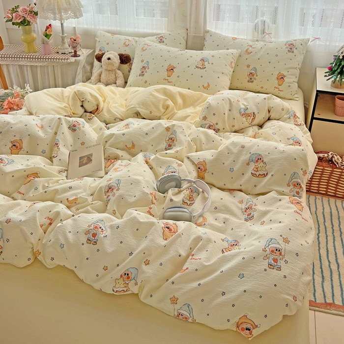 91家纺网 家纺一手货源 找家纺 海岛哥哥 2025新款木棉高克重超柔四件套 萌萌星星人-米