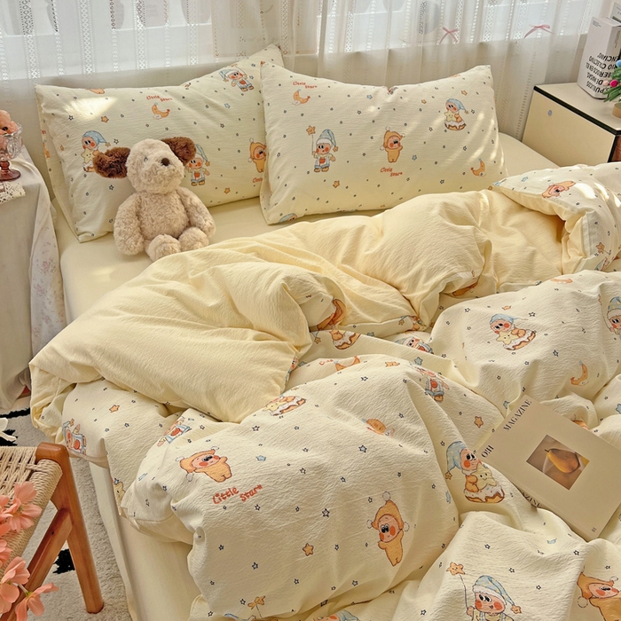 91家纺网 家纺一手货源 找家纺 海岛哥哥 2025新款木棉高克重超柔四件套 萌萌星星人-米