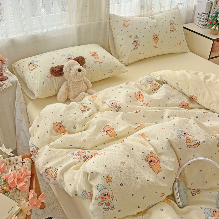 91家纺网 家纺一手货源 找家纺 海岛哥哥 2025新款木棉高克重超柔四件套 萌萌星星人-米