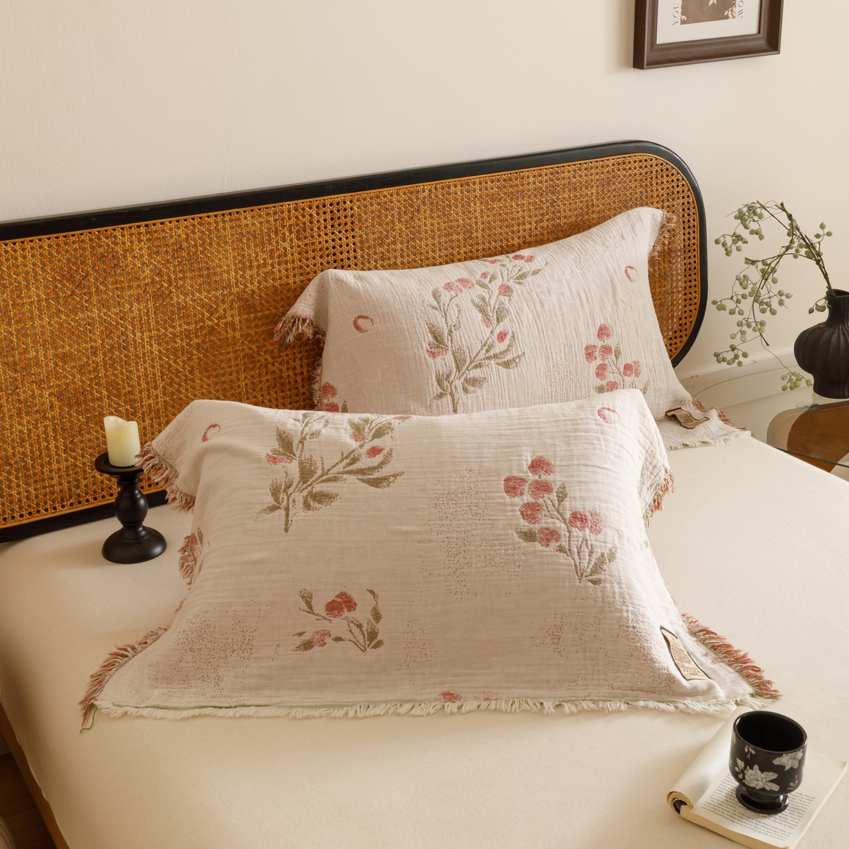 91家纺网 家纺一手货源 找家纺 朴尔家纺-毛巾被 2025新款全棉流苏巨大尺寸60S纱布枕巾 芝芝莓 60x80cm枕巾/对