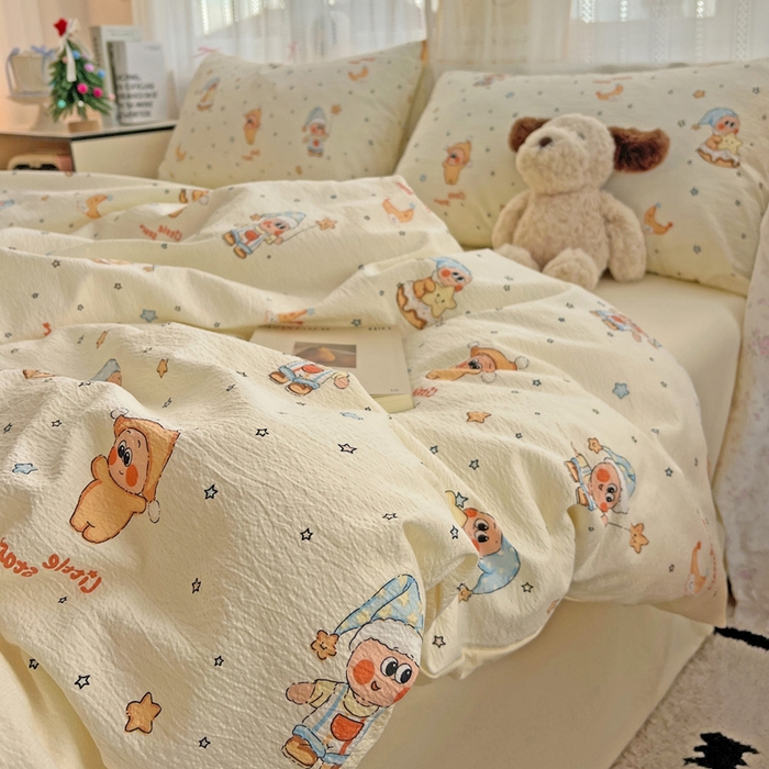 91家纺网 家纺一手货源 找家纺 海岛哥哥 2025新款木棉高克重超柔四件套 萌萌星星人-米