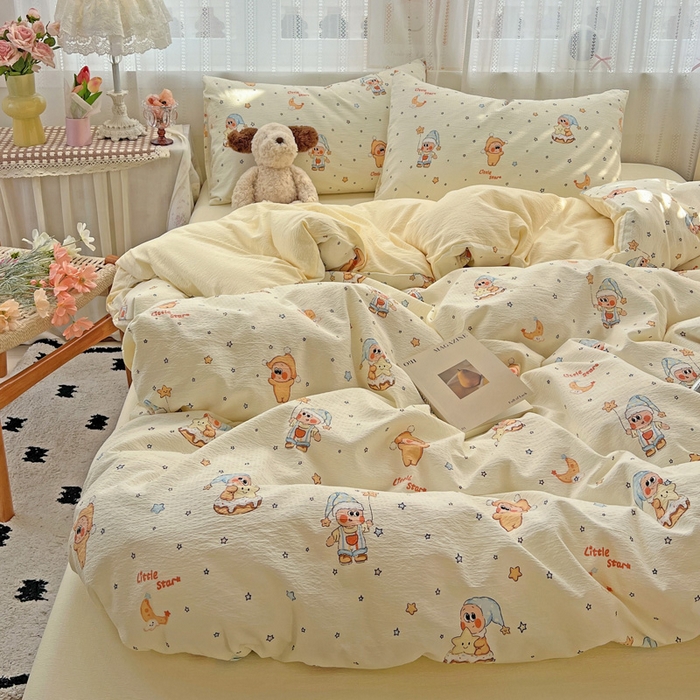 91家纺网 家纺一手货源 找家纺 海岛哥哥 2025新款木棉高克重超柔四件套 萌萌星星人-米