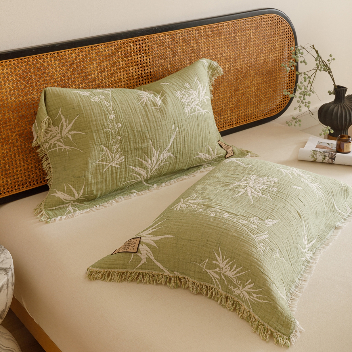 91家纺网 家纺一手货源 找家纺 朴尔家纺-毛巾被 2025新款全棉流苏巨大尺寸60S纱布枕巾 竹意 60x80cm枕巾/对