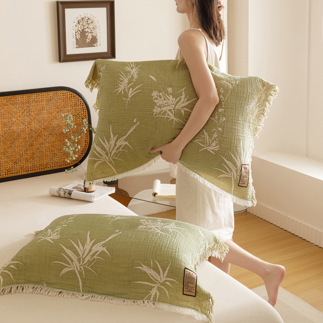 91家纺网 家纺一手货源 找家纺 朴尔家纺-毛巾被 2025新款全棉流苏巨大尺寸60S纱布枕巾 竹意 60x80cm枕巾/对
