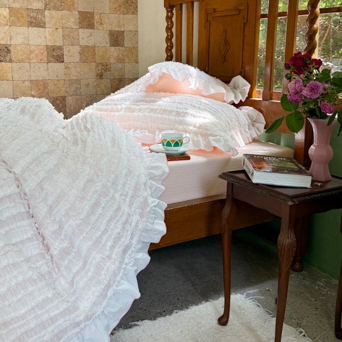 91家纺网 家纺一手货源 找家纺 （总）山舍家居 2025新款全棉纯棉色织段染纯棉花边四件套-听风絮系列