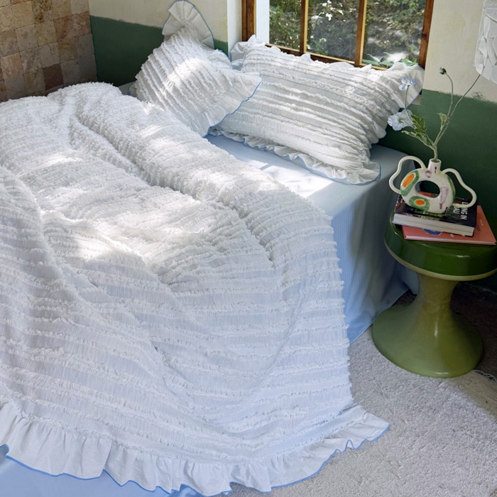 91家纺网 家纺一手货源 找家纺 （总）山舍家居 2025新款全棉纯棉色织段染纯棉花边四件套-听风絮系列