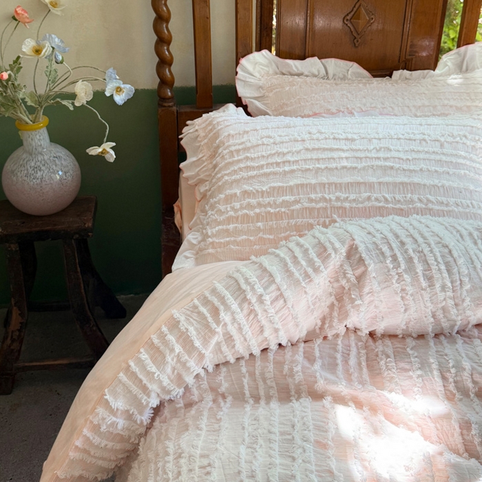 91家纺网 家纺一手货源 找家纺 山舍家居 2025新款全棉纯棉色织段染纯棉花边四件套-听风絮系列 听风絮-粉