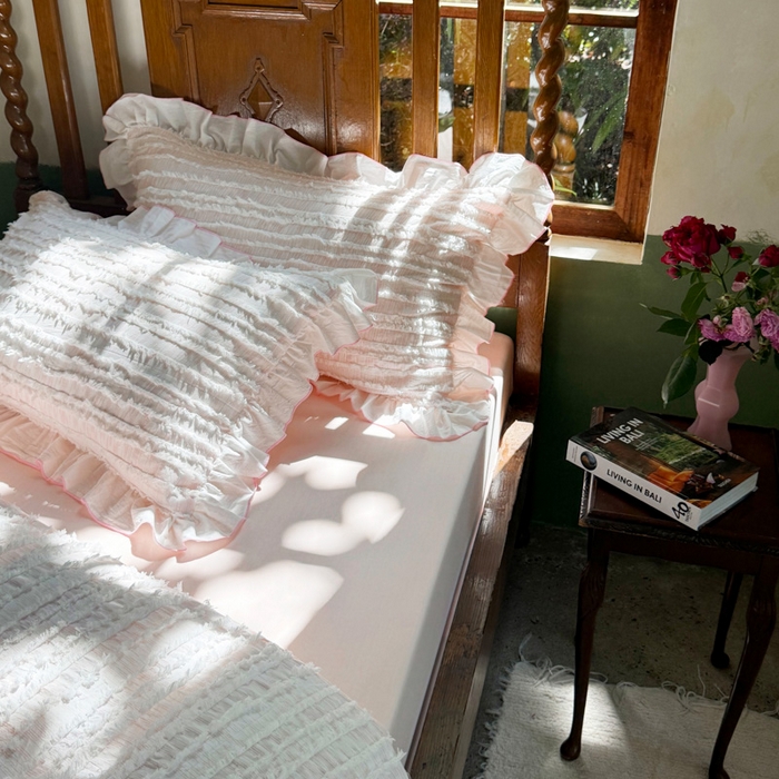 91家纺网 家纺一手货源 找家纺 山舍家居 2025新款全棉纯棉色织段染纯棉花边四件套-听风絮系列 听风絮-粉