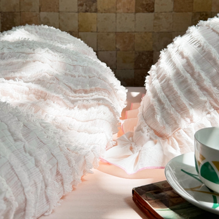 91家纺网 家纺一手货源 找家纺 山舍家居 2025新款全棉纯棉色织段染纯棉花边四件套-听风絮系列 听风絮-粉