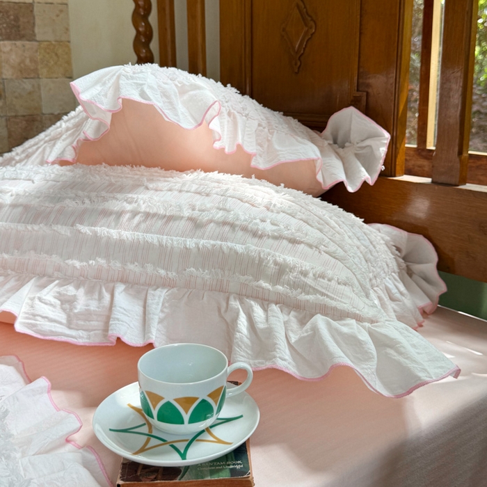 91家纺网 家纺一手货源 找家纺 山舍家居 2025新款全棉纯棉色织段染纯棉花边四件套-听风絮系列 听风絮-粉