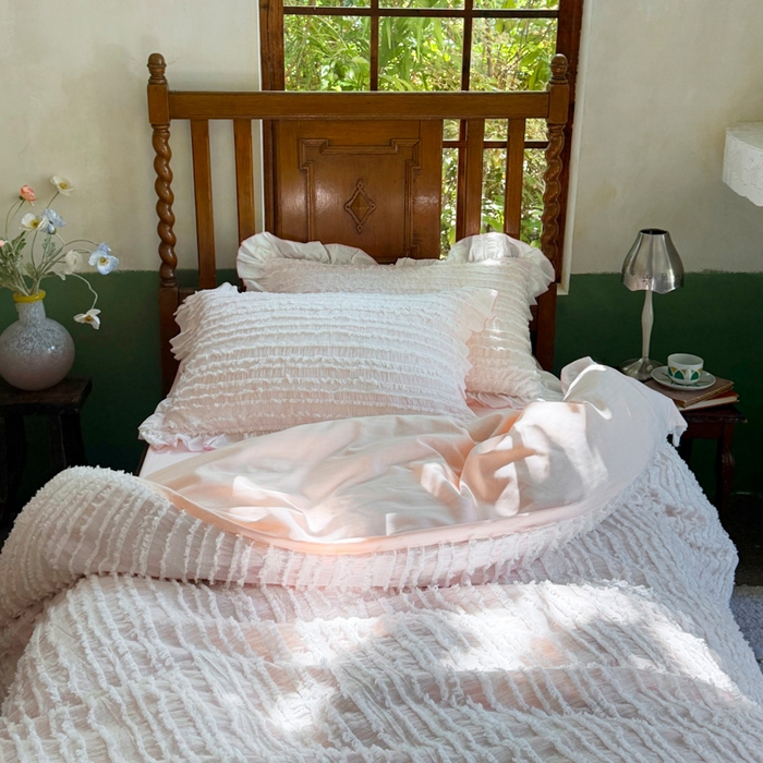 91家纺网 家纺一手货源 找家纺 山舍家居 2025新款全棉纯棉色织段染纯棉花边四件套-听风絮系列 听风絮-粉