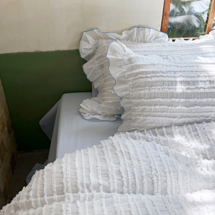 91家纺网 家纺一手货源 找家纺 山舍家居 2025新款全棉纯棉色织段染纯棉花边四件套-听风絮系列 听风絮-蓝