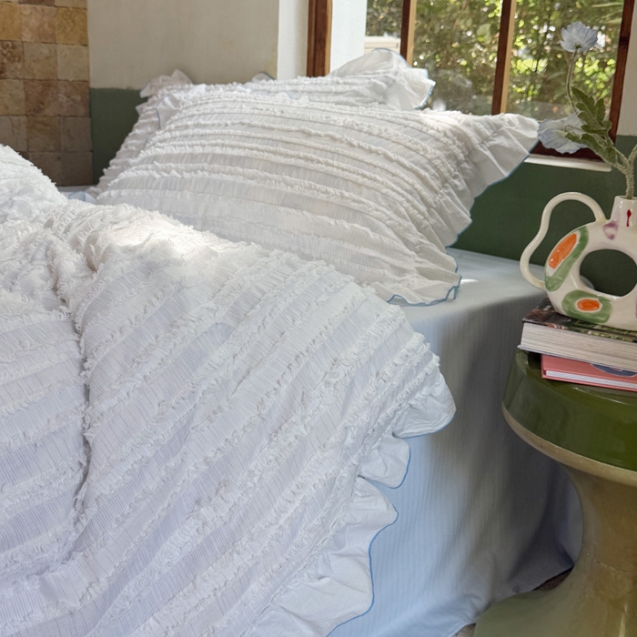 91家纺网 家纺一手货源 找家纺 山舍家居 2025新款全棉纯棉色织段染纯棉花边四件套-听风絮系列 听风絮-蓝