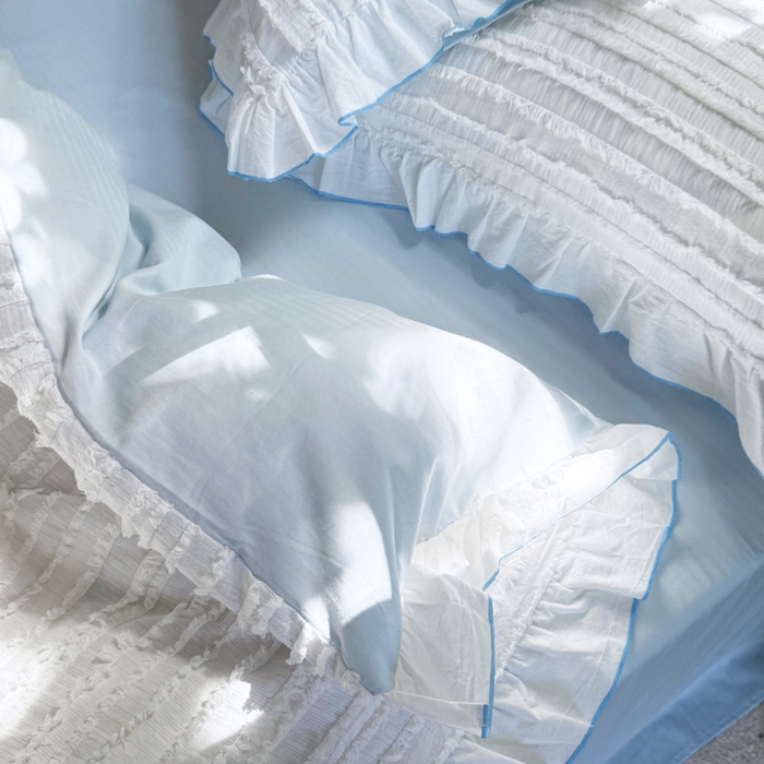 91家纺网 家纺一手货源 找家纺 山舍家居 2025新款全棉纯棉色织段染纯棉花边四件套-听风絮系列 听风絮-蓝