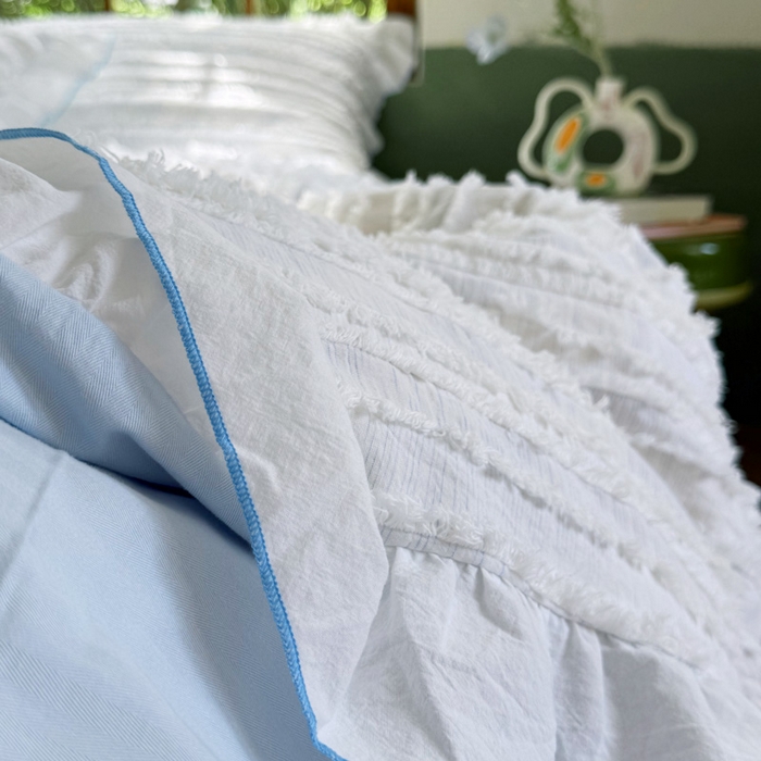 91家纺网 家纺一手货源 找家纺 山舍家居 2025新款全棉纯棉色织段染纯棉花边四件套-听风絮系列 听风絮-蓝