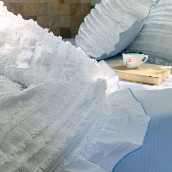 91家纺网 家纺一手货源 找家纺 山舍家居 2025新款全棉纯棉色织段染纯棉花边四件套-听风絮系列 听风絮-蓝