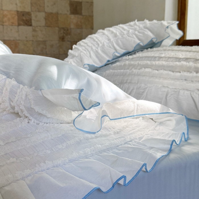 91家纺网 家纺一手货源 找家纺 山舍家居 2025新款全棉纯棉色织段染纯棉花边四件套-听风絮系列 听风絮-蓝