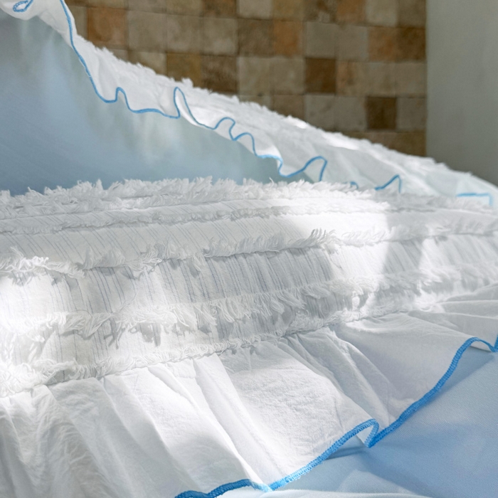 91家纺网 家纺一手货源 找家纺 山舍家居 2025新款全棉纯棉色织段染纯棉花边四件套-听风絮系列 听风絮-蓝