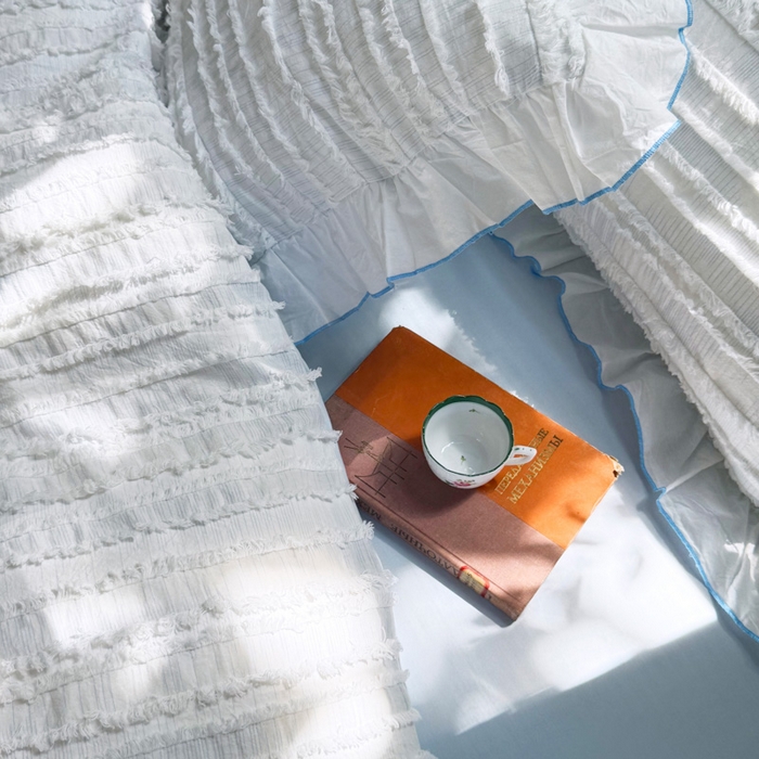 91家纺网 家纺一手货源 找家纺 山舍家居 2025新款全棉纯棉色织段染纯棉花边四件套-听风絮系列 听风絮-蓝