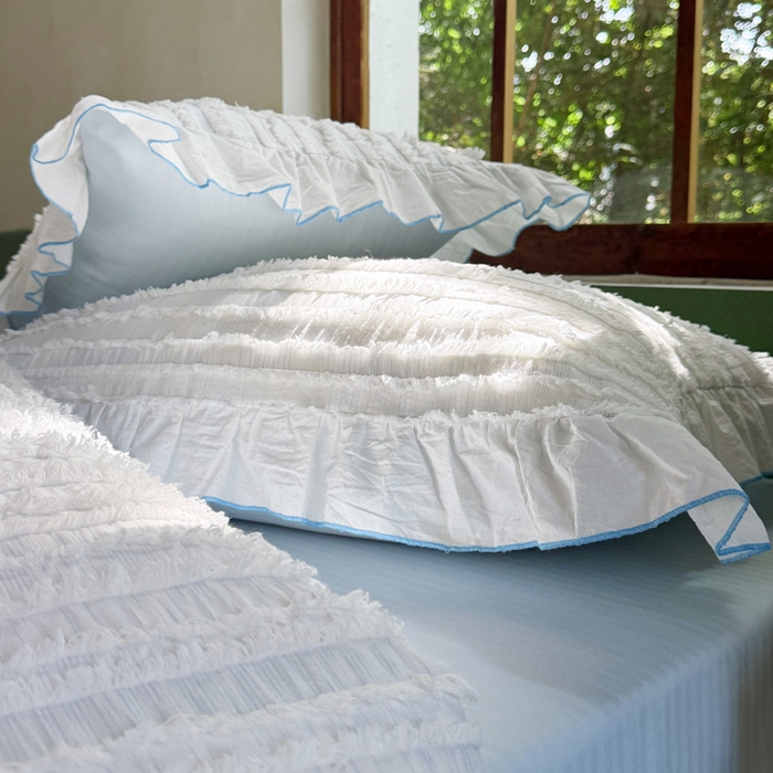 91家纺网 家纺一手货源 找家纺 山舍家居 2025新款全棉纯棉色织段染纯棉花边四件套-听风絮系列 听风絮-蓝