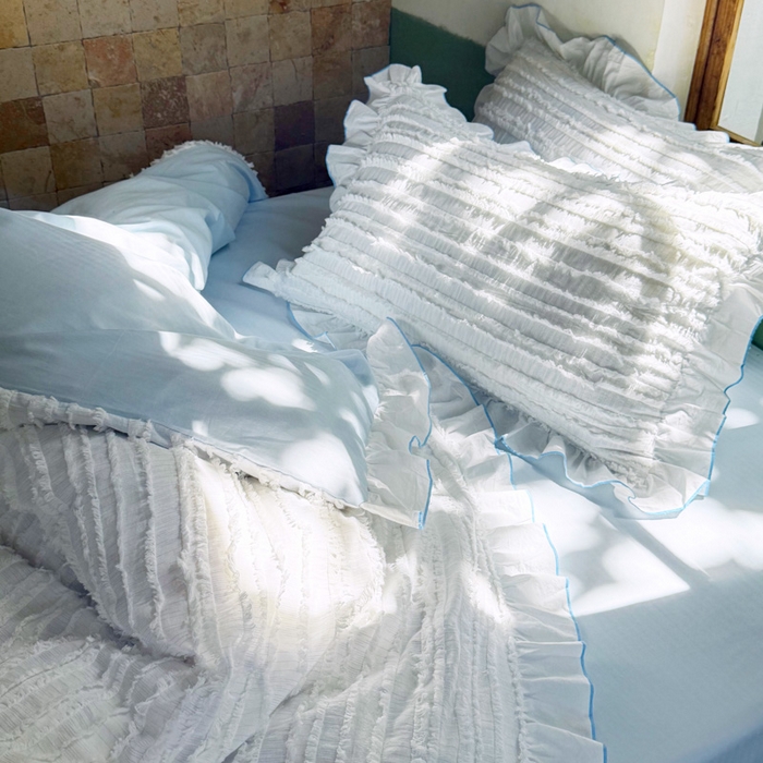 91家纺网 家纺一手货源 找家纺 山舍家居 2025新款全棉纯棉色织段染纯棉花边四件套-听风絮系列 听风絮-蓝