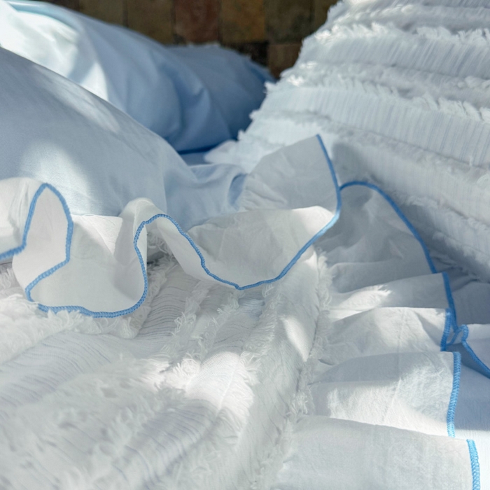 91家纺网 家纺一手货源 找家纺 山舍家居 2025新款全棉纯棉色织段染纯棉花边四件套-听风絮系列 听风絮-蓝