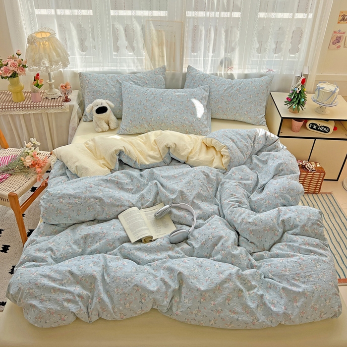 91家纺网 家纺一手货源 找家纺 海岛哥哥 2025新款木棉高克重超柔四件套 栀子-蓝