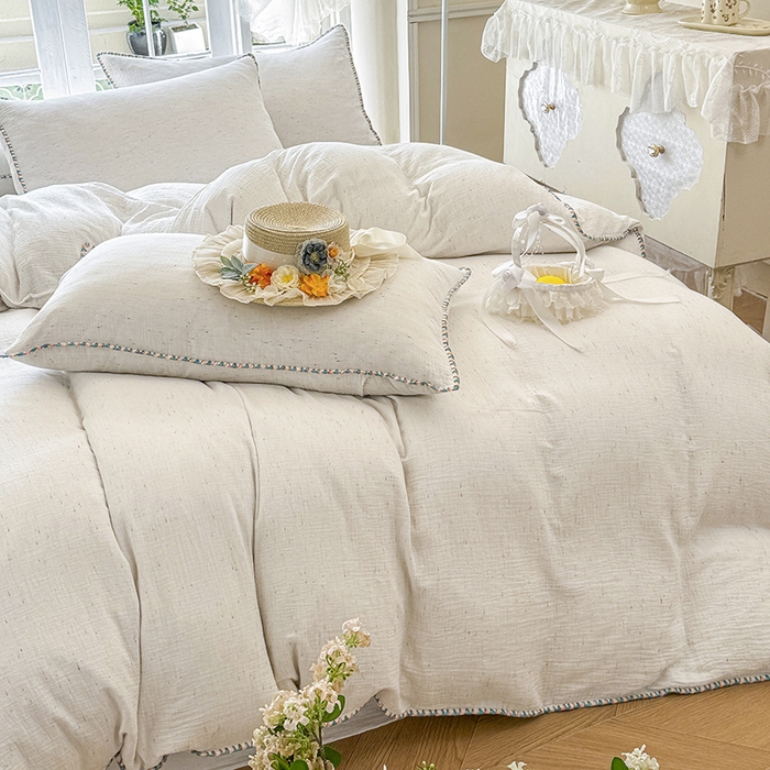 91家纺网 家纺一手货源 找家纺 （总）木楌家居 2025新款全棉纯棉彩点皱皱纱贝壳边四件套