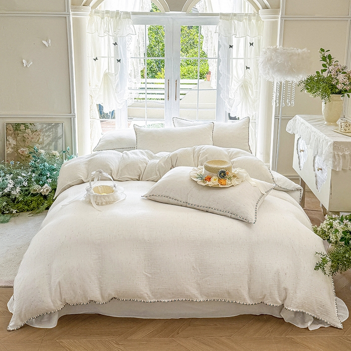 91家纺网 家纺一手货源 找家纺 （总）木楌家居 2025新款全棉纯棉彩点皱皱纱贝壳边四件套