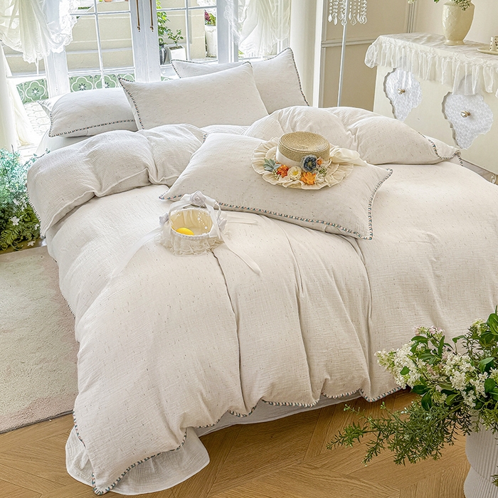 91家纺网 家纺一手货源 找家纺 （总）木楌家居 2025新款全棉纯棉彩点皱皱纱贝壳边四件套