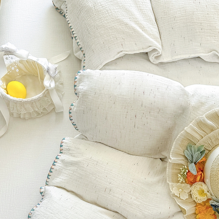 91家纺网 家纺一手货源 找家纺 （总）木楌家居 2025新款全棉纯棉彩点皱皱纱贝壳边四件套