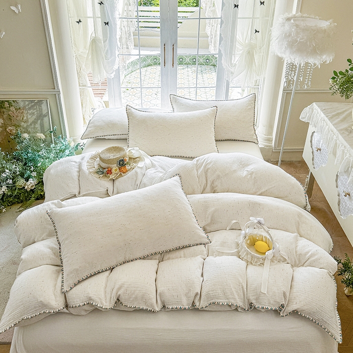 91家纺网 家纺一手货源 找家纺 （总）木楌家居 2025新款全棉纯棉彩点皱皱纱贝壳边四件套