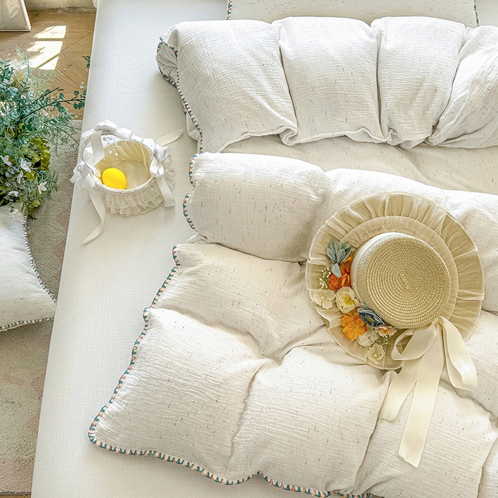 91家纺网 家纺一手货源 找家纺 （总）木楌家居 2025新款全棉纯棉彩点皱皱纱贝壳边四件套