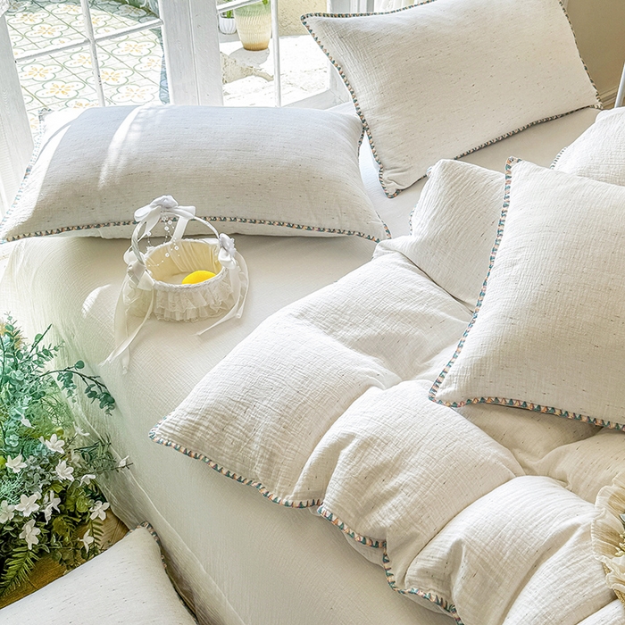 91家纺网 家纺一手货源 找家纺 （总）木楌家居 2025新款全棉纯棉彩点皱皱纱贝壳边四件套