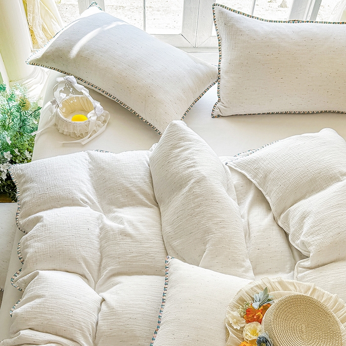 91家纺网 家纺一手货源 找家纺 （总）木楌家居 2025新款全棉纯棉彩点皱皱纱贝壳边四件套