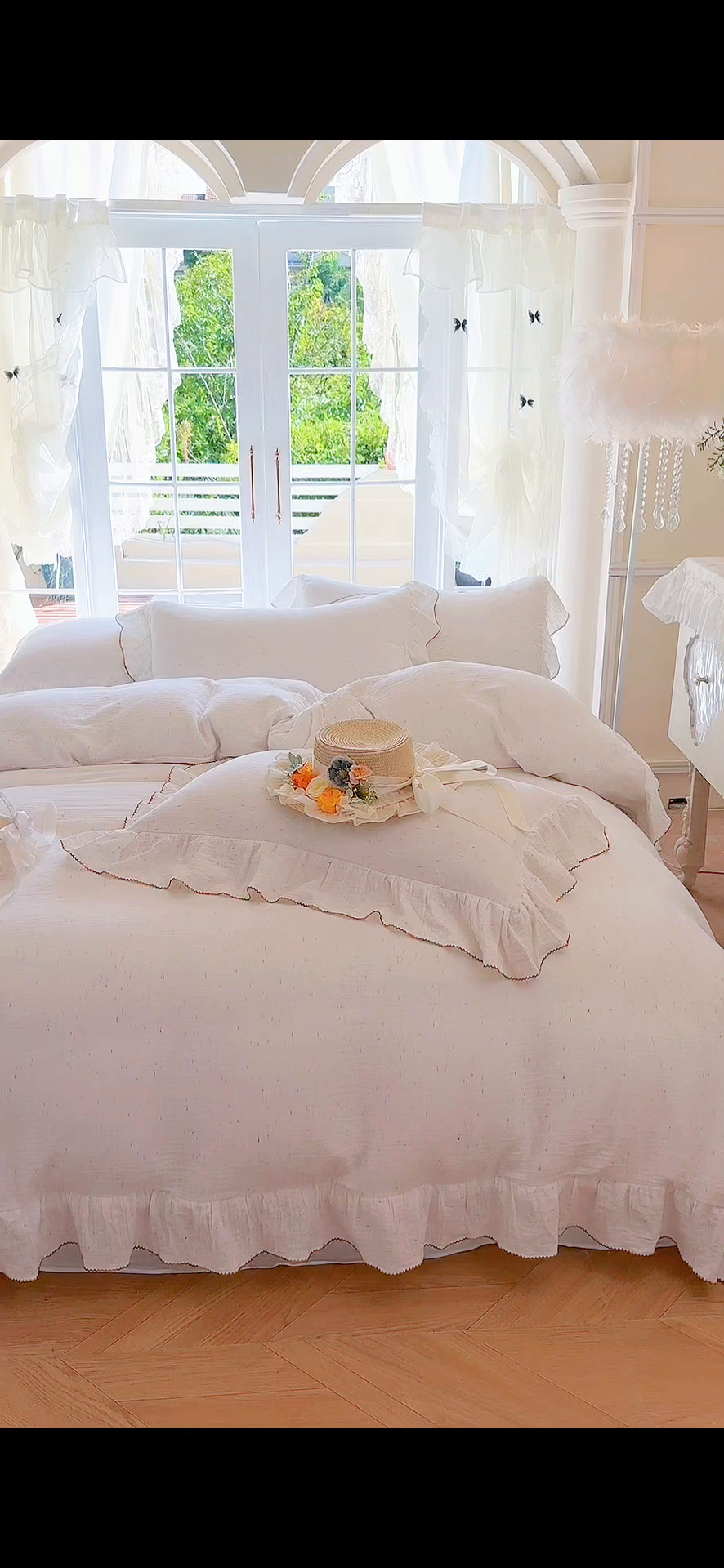 91家纺网 家纺一手货源 找家纺 （总）木楌家居 2025新款全棉纯棉彩点皱皱纱法式大花边四件套