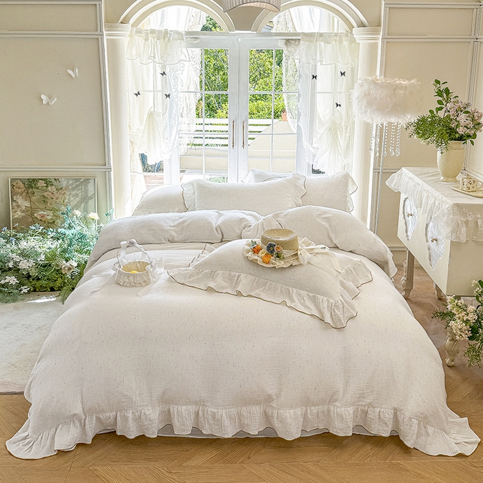 91家纺网 家纺一手货源 找家纺 （总）木楌家居 2025新款全棉纯棉彩点皱皱纱法式大花边四件套