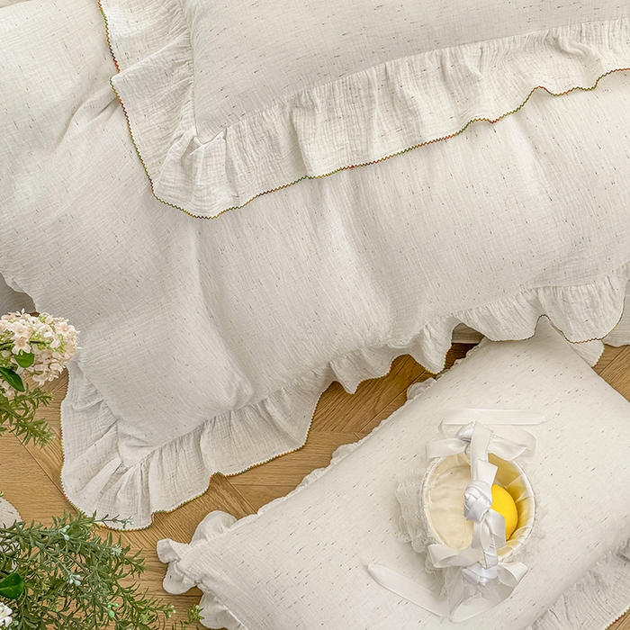 91家纺网 家纺一手货源 找家纺 （总）木楌家居 2025新款全棉纯棉彩点皱皱纱法式大花边四件套