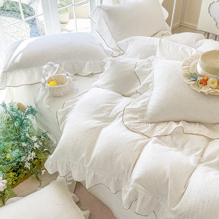 91家纺网 家纺一手货源 找家纺 （总）木楌家居 2025新款全棉纯棉彩点皱皱纱法式大花边四件套