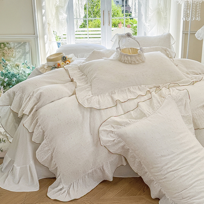 91家纺网 家纺一手货源 找家纺 （总）木楌家居 2025新款全棉纯棉彩点皱皱纱法式大花边四件套