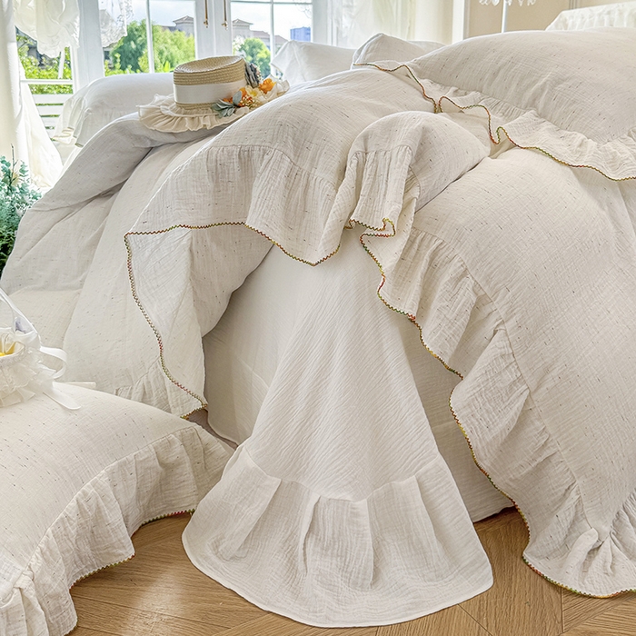 91家纺网 家纺一手货源 找家纺 （总）木楌家居 2025新款全棉纯棉彩点皱皱纱法式大花边四件套