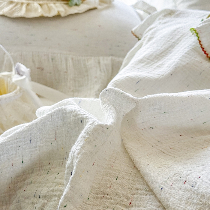 91家纺网 家纺一手货源 找家纺 （总）木楌家居 2025新款全棉纯棉彩点皱皱纱法式大花边四件套