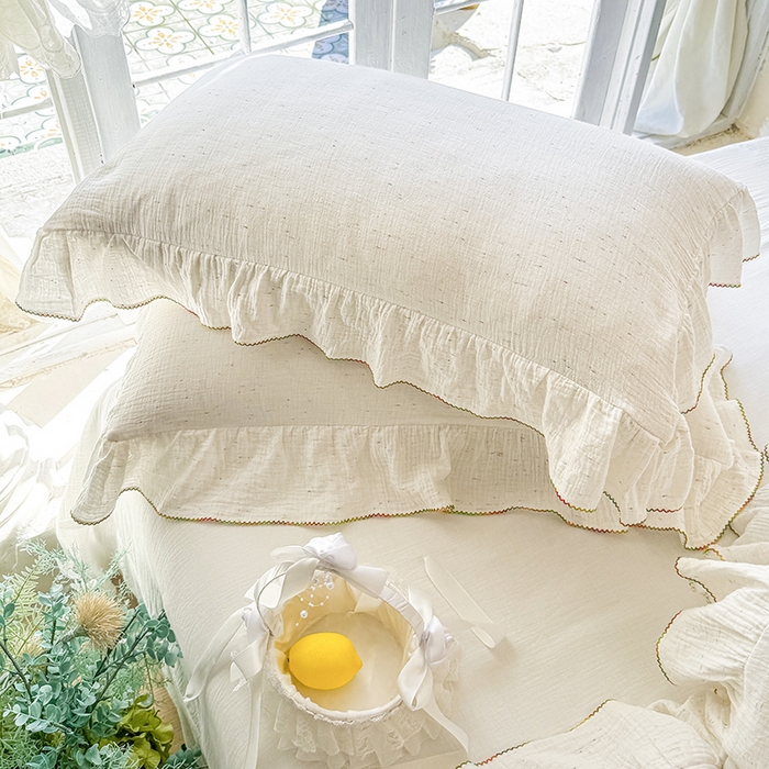 91家纺网 家纺一手货源 找家纺 （总）木楌家居 2025新款全棉纯棉彩点皱皱纱法式大花边四件套