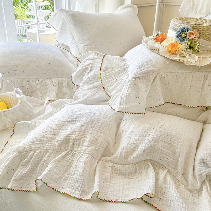 91家纺网 家纺一手货源 找家纺 （总）木楌家居 2025新款全棉纯棉彩点皱皱纱法式大花边四件套