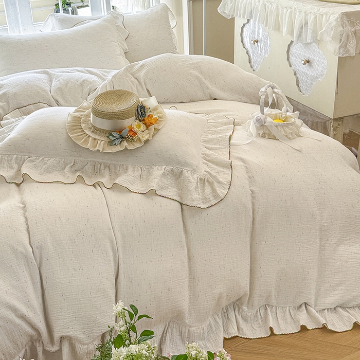 91家纺网 家纺一手货源 找家纺 （总）木楌家居 2025新款全棉纯棉彩点皱皱纱法式大花边四件套