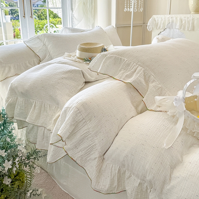 91家纺网 家纺一手货源 找家纺 （总）木楌家居 2025新款全棉纯棉彩点皱皱纱法式大花边四件套