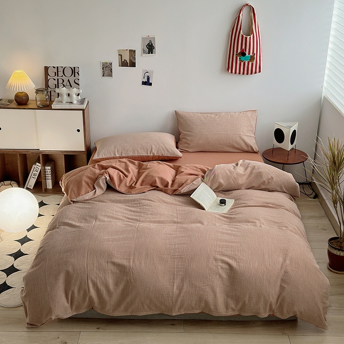 水洗的故事（原有乐家） 2025新款秋冬全棉贡缎色织提花条纹款四件套 从简-奶橘