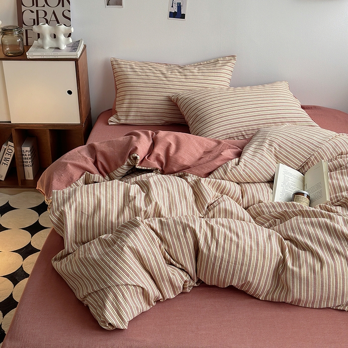 91家纺网 家纺一手货源 找家纺 水洗的故事（原有乐家） 2025新款秋冬全棉贡缎色织提花条纹款四件套 森沐