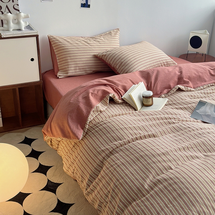 91家纺网 家纺一手货源 找家纺 水洗的故事（原有乐家） 2025新款秋冬全棉贡缎色织提花条纹款四件套 森沐