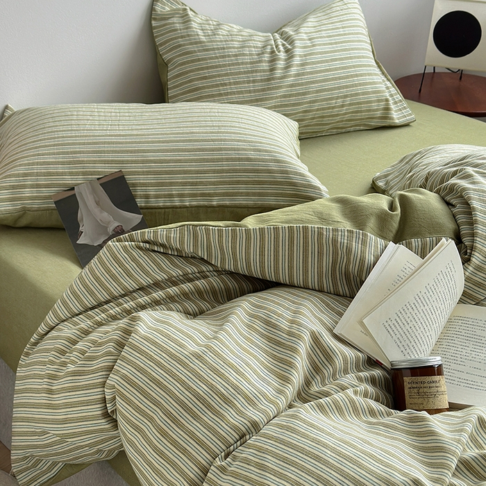 91家纺网 家纺一手货源 找家纺 水洗的故事（原有乐家） 2025新款秋冬全棉贡缎色织提花条纹款四件套 织麦